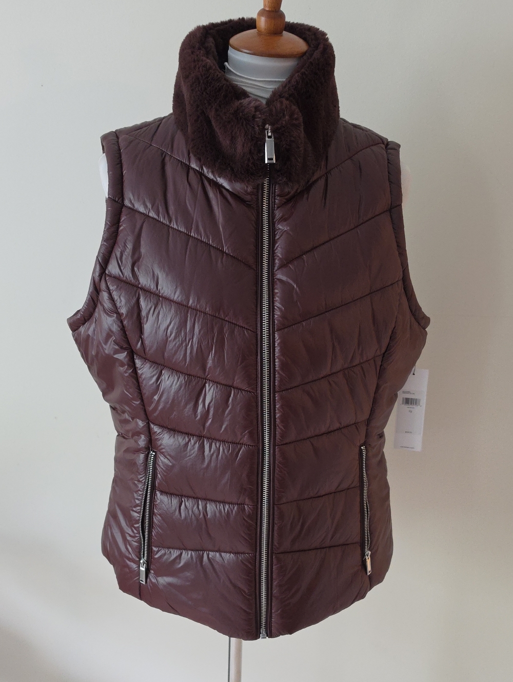 Calvin Klein Women's Quilted Faux-Fur Collar Vest - Brown Brand New